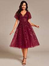 ever SIMONE|Short Sleeves Leaf Sequin A-Line Midi Formal Wedding Guest Dress