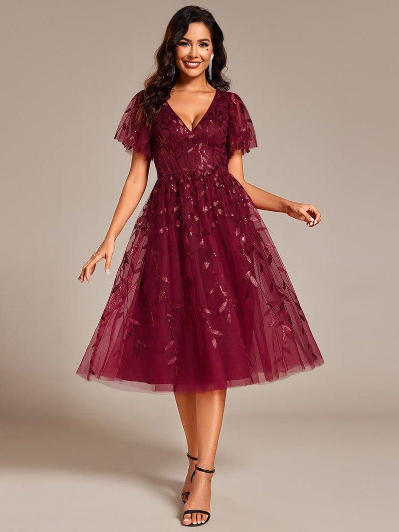 ever SIMONE|Short Sleeves Leaf Sequin A-Line Midi Formal Wedding Guest Dress