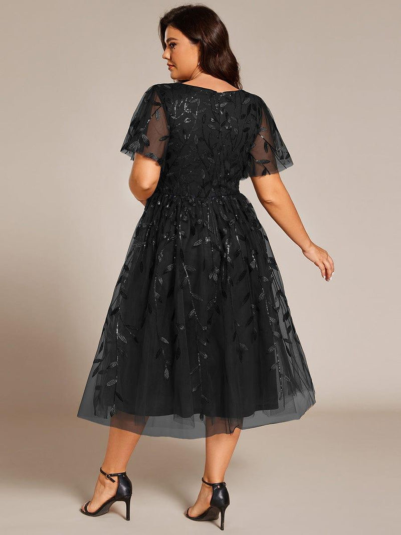 ever SIMONE|Short Sleeves Leaf Sequin A-Line Midi Formal Wedding Guest Dress