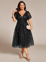 ever SIMONE|Short Sleeves Leaf Sequin A-Line Midi Formal Wedding Guest Dress