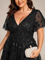 ever SIMONE|Short Sleeves Leaf Sequin A-Line Midi Formal Wedding Guest Dress