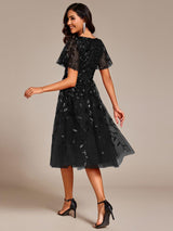 ever SIMONE|Short Sleeves Leaf Sequin A-Line Midi Formal Wedding Guest Dress