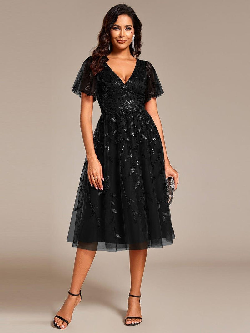 ever SIMONE|Short Sleeves Leaf Sequin A-Line Midi Formal Wedding Guest Dress