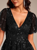 ever SIMONE|Short Sleeves Leaf Sequin A-Line Midi Formal Wedding Guest Dress