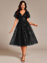 ever SIMONE|Short Sleeves Leaf Sequin A-Line Midi Formal Wedding Guest Dress