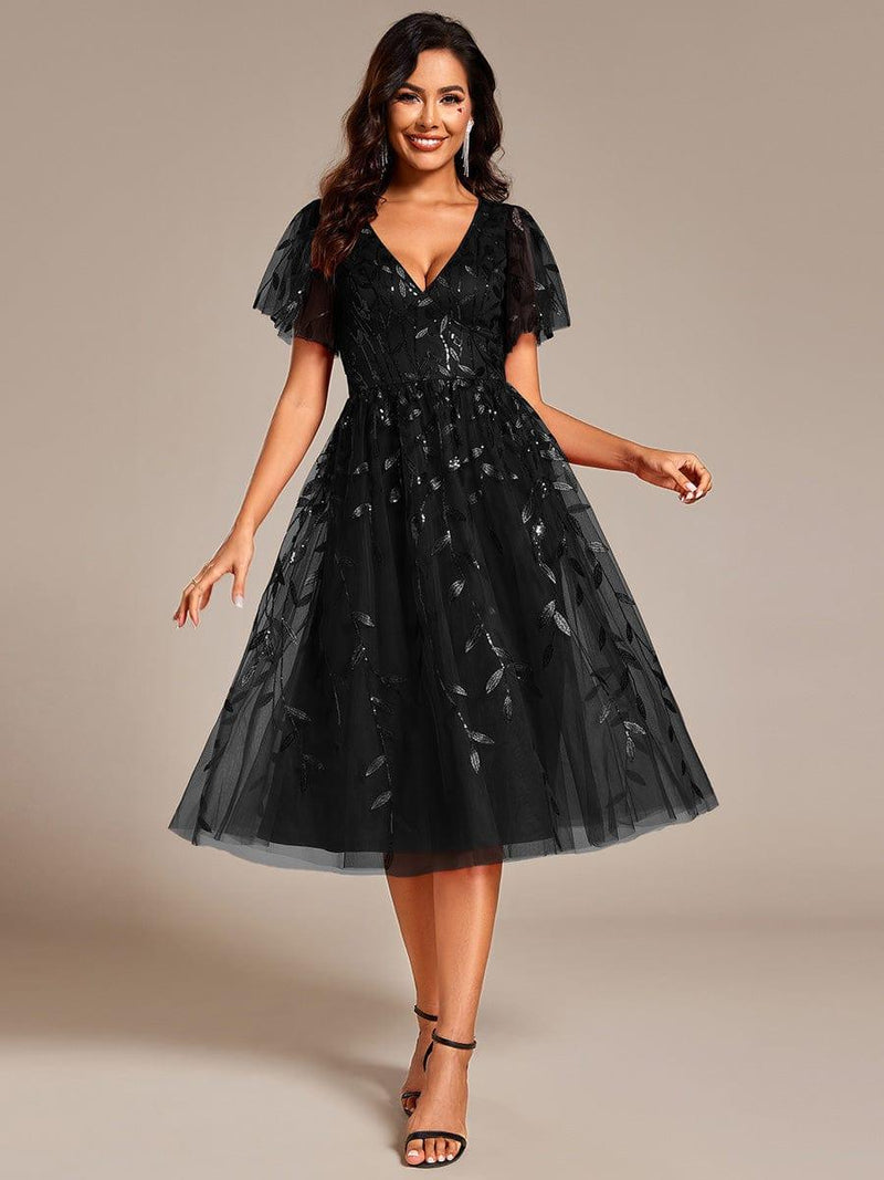 ever SIMONE|Short Sleeves Leaf Sequin A-Line Midi Formal Wedding Guest Dress