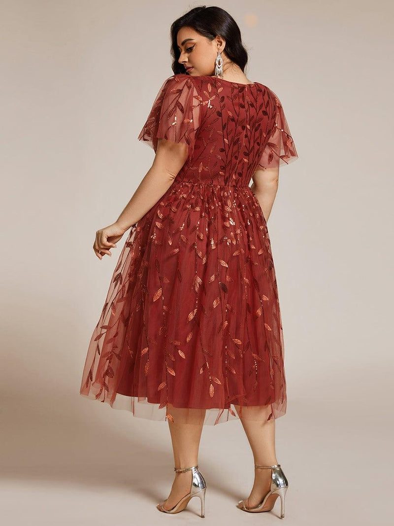 ever SIMONE|Short Sleeves Leaf Sequin A-Line Midi Formal Wedding Guest Dress
