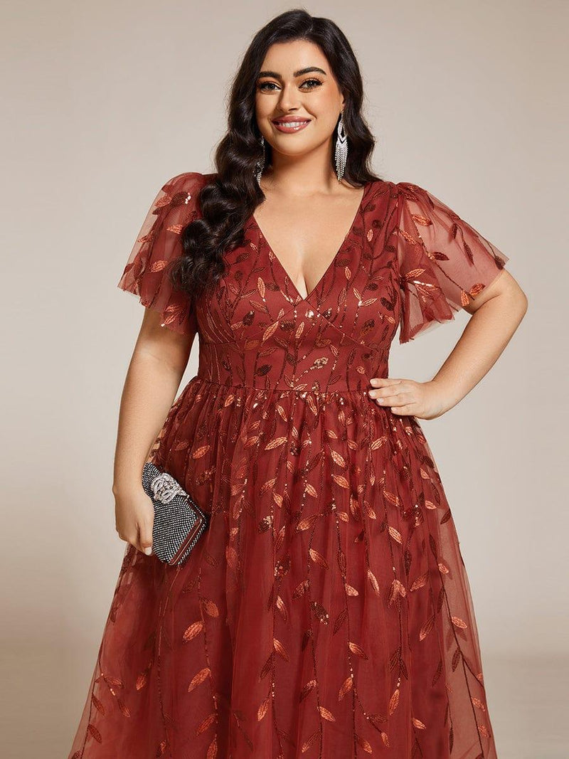 ever SIMONE|Short Sleeves Leaf Sequin A-Line Midi Formal Wedding Guest Dress