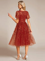 ever SIMONE|Short Sleeves Leaf Sequin A-Line Midi Formal Wedding Guest Dress