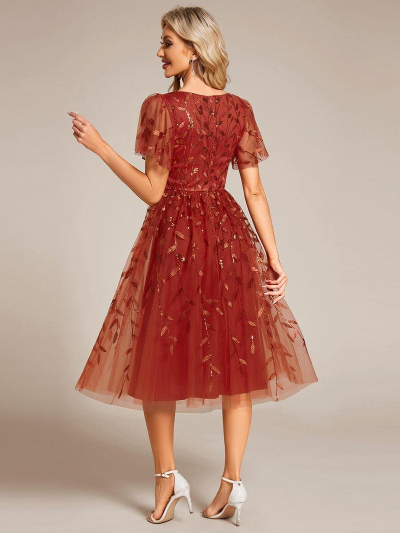 ever SIMONE|Short Sleeves Leaf Sequin A-Line Midi Formal Wedding Guest Dress