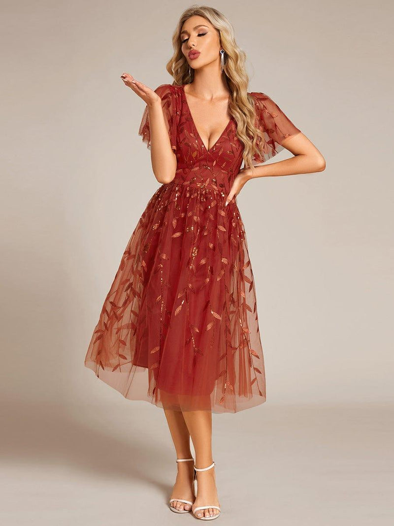 ever SIMONE|Short Sleeves Leaf Sequin A-Line Midi Formal Wedding Guest Dress