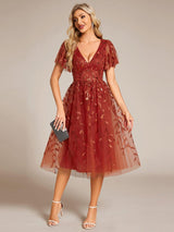 ever SIMONE|Short Sleeves Leaf Sequin A-Line Midi Formal Wedding Guest Dress