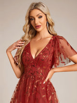 ever SIMONE|Short Sleeves Leaf Sequin A-Line Midi Formal Wedding Guest Dress