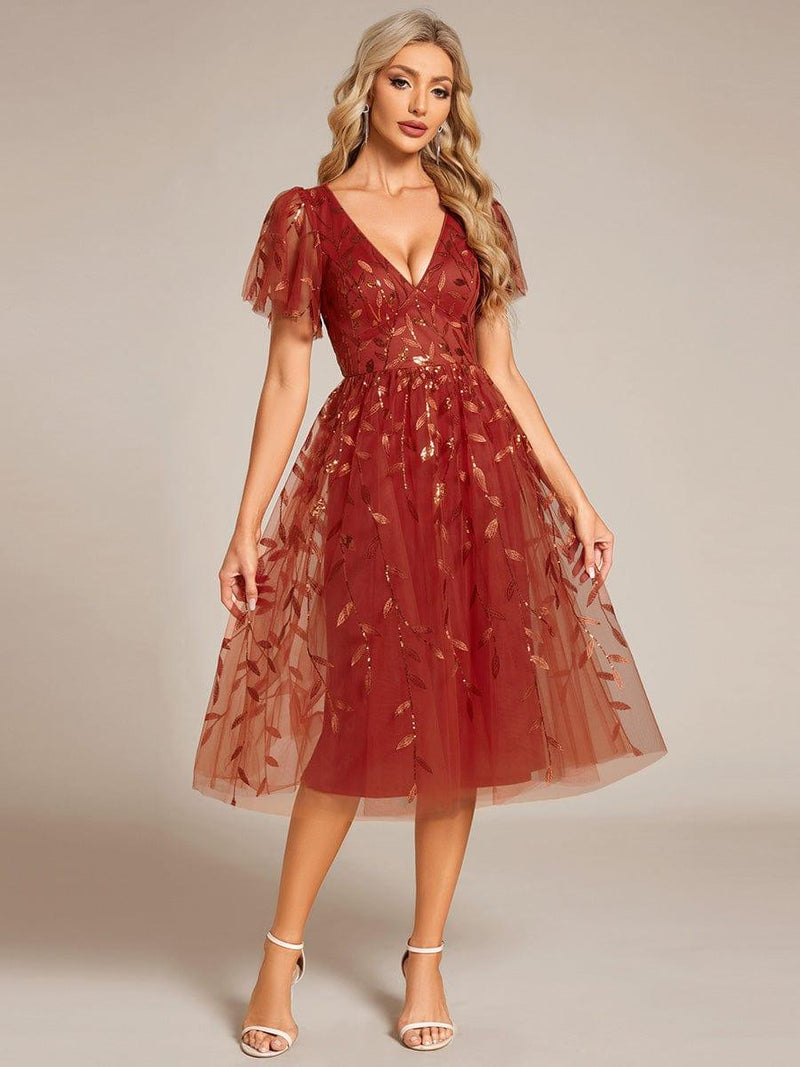 ever SIMONE|Short Sleeves Leaf Sequin A-Line Midi Formal Wedding Guest Dress