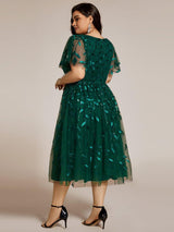 ever SIMONE|Short Sleeves Leaf Sequin A-Line Midi Formal Wedding Guest Dress