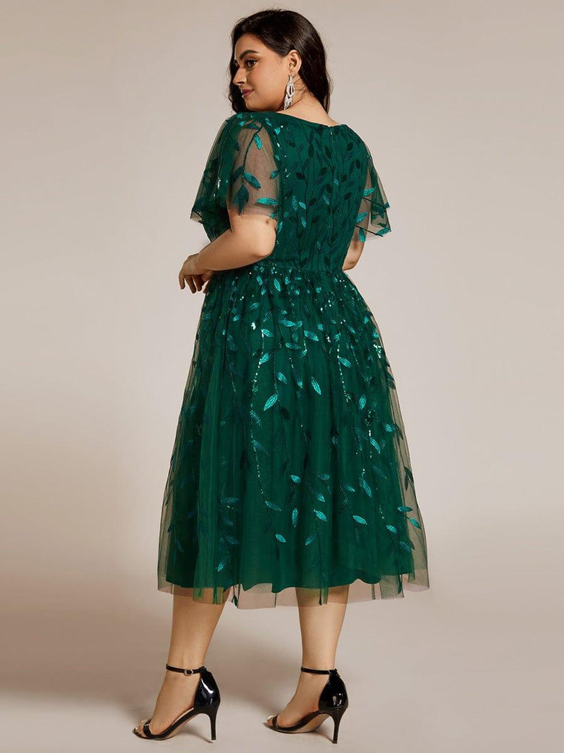 ever SIMONE|Short Sleeves Leaf Sequin A-Line Midi Formal Wedding Guest Dress