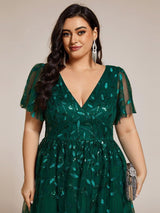 ever SIMONE|Short Sleeves Leaf Sequin A-Line Midi Formal Wedding Guest Dress