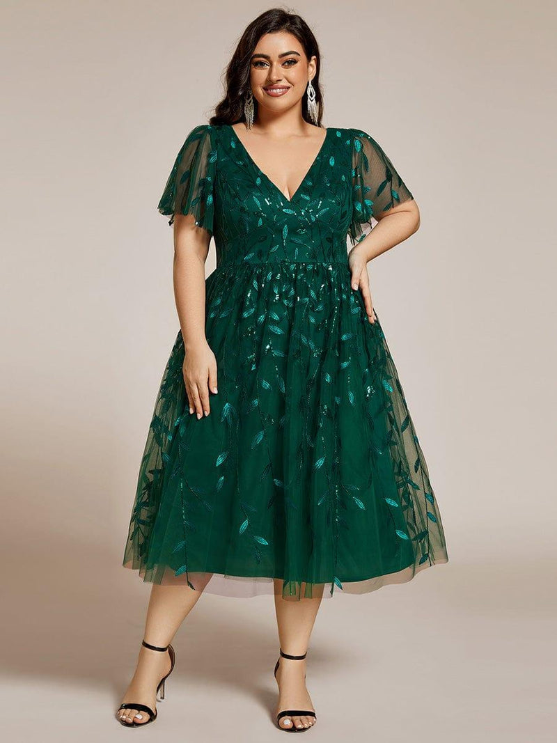 ever SIMONE|Short Sleeves Leaf Sequin A-Line Midi Formal Wedding Guest Dress