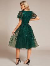 ever SIMONE|Short Sleeves Leaf Sequin A-Line Midi Formal Wedding Guest Dress