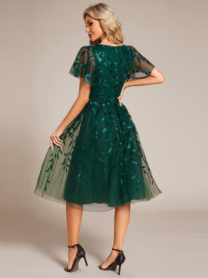 ever SIMONE|Short Sleeves Leaf Sequin A-Line Midi Formal Wedding Guest Dress