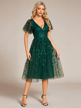ever SIMONE|Short Sleeves Leaf Sequin A-Line Midi Formal Wedding Guest Dress