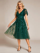 ever SIMONE|Short Sleeves Leaf Sequin A-Line Midi Formal Wedding Guest Dress