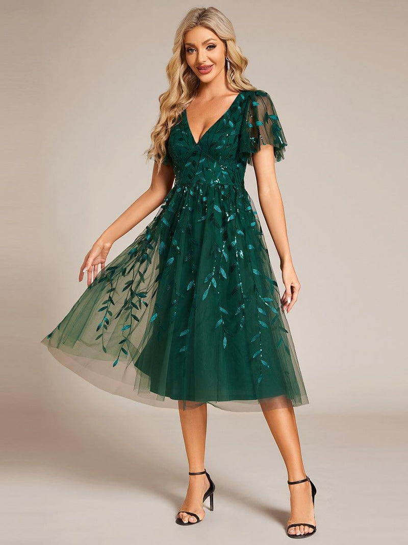 ever SIMONE|Short Sleeves Leaf Sequin A-Line Midi Formal Wedding Guest Dress