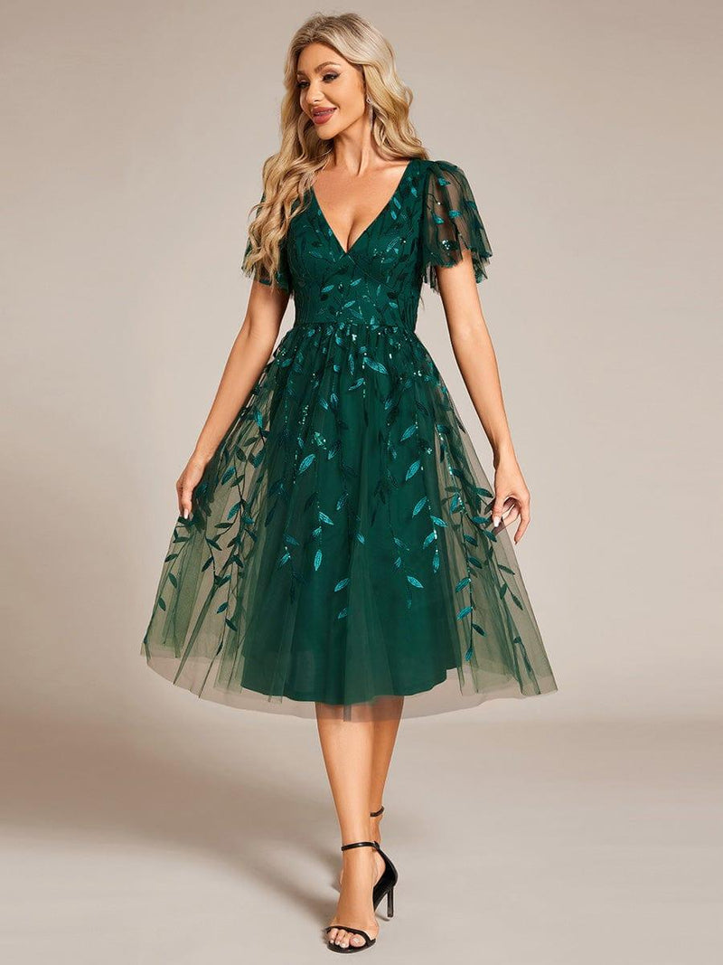 ever SIMONE|Short Sleeves Leaf Sequin A-Line Midi Formal Wedding Guest Dress
