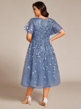 ever SIMONE|Short Sleeves Leaf Sequin A-Line Midi Formal Wedding Guest Dress