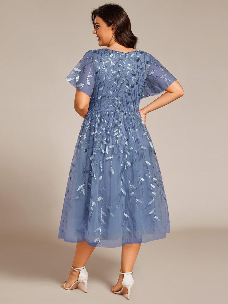 ever SIMONE|Short Sleeves Leaf Sequin A-Line Midi Formal Wedding Guest Dress