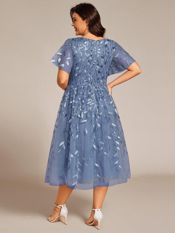 pretty SIMONE|Plus Size Sparkly A-Line Midi Tulle Formal Wedding Guest Dress with Leaf Sequin