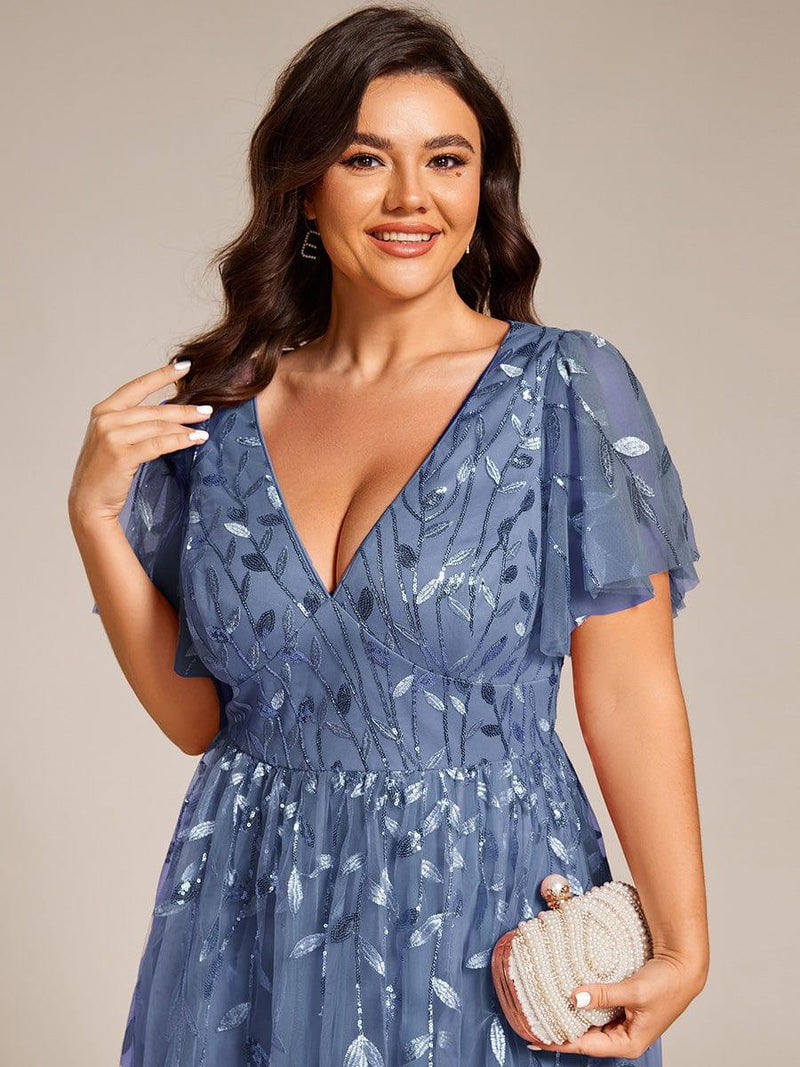 ever SIMONE|Short Sleeves Leaf Sequin A-Line Midi Formal Wedding Guest Dress