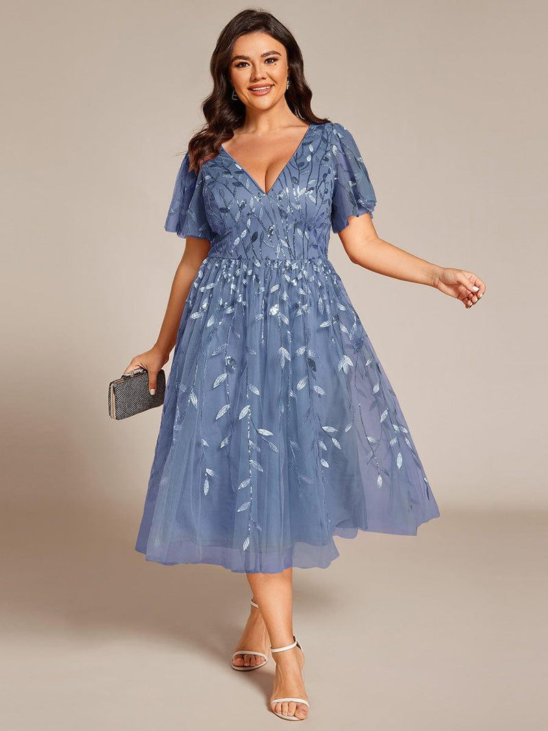 ever SIMONE|Short Sleeves Leaf Sequin A-Line Midi Formal Wedding Guest Dress