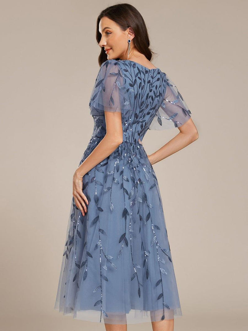 ever SIMONE|Short Sleeves Leaf Sequin A-Line Midi Formal Wedding Guest Dress