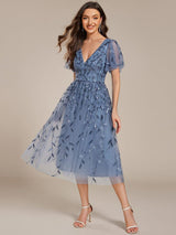 ever SIMONE|Short Sleeves Leaf Sequin A-Line Midi Formal Wedding Guest Dress
