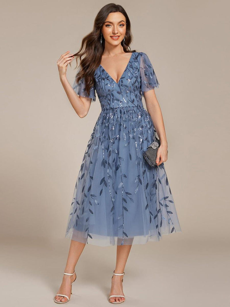 ever SIMONE|Short Sleeves Leaf Sequin A-Line Midi Formal Wedding Guest Dress
