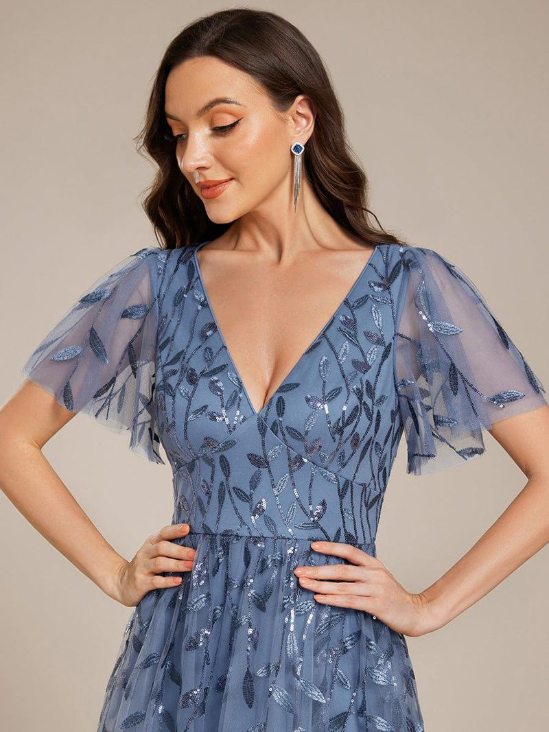 ever SIMONE|Short Sleeves Leaf Sequin A-Line Midi Formal Wedding Guest Dress
