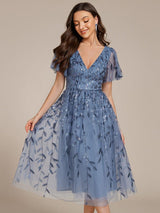 ever SIMONE|Short Sleeves Leaf Sequin A-Line Midi Formal Wedding Guest Dress