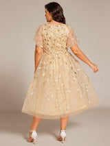 ever SIMONE|Short Sleeves Leaf Sequin A-Line Midi Formal Wedding Guest Dress