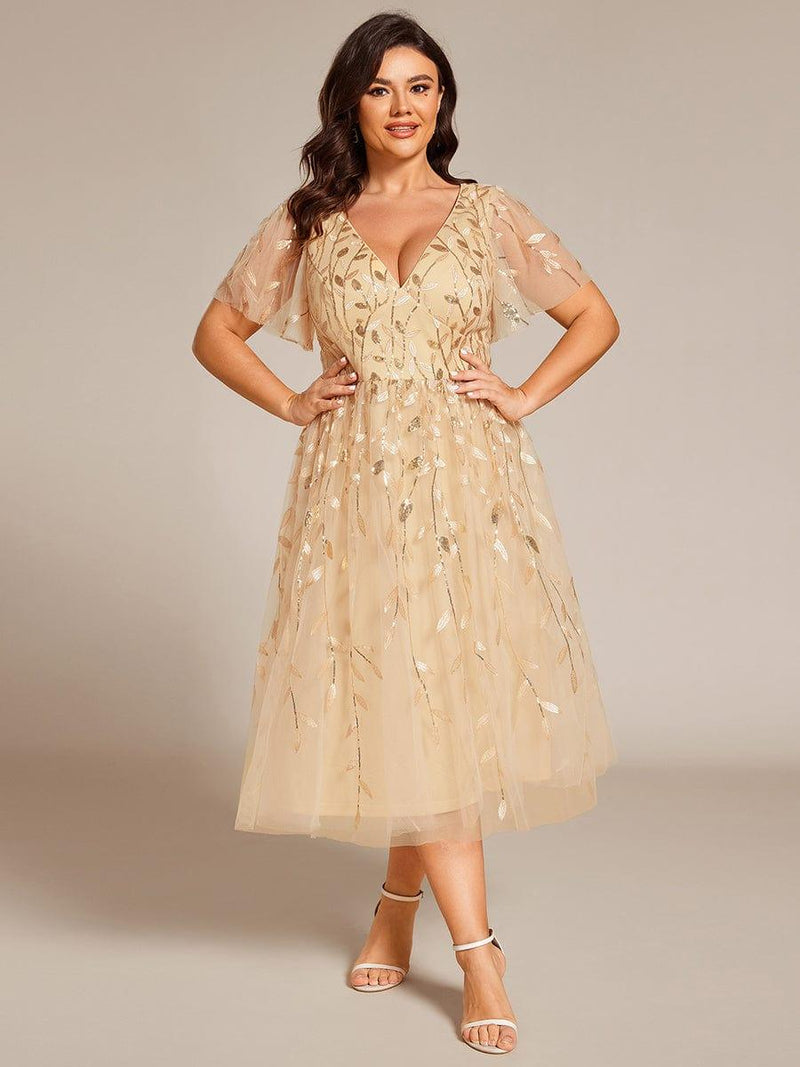 ever SIMONE|Short Sleeves Leaf Sequin A-Line Midi Formal Wedding Guest Dress