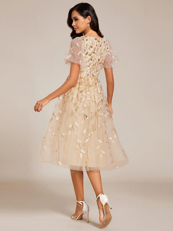 ever SIMONE|Short Sleeves Leaf Sequin A-Line Midi Formal Wedding Guest Dress