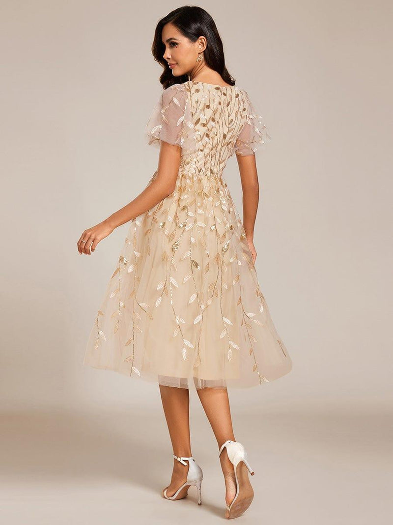ever SIMONE|Short Sleeves Leaf Sequin A-Line Midi Formal Wedding Guest Dress