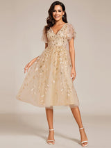 ever SIMONE|Short Sleeves Leaf Sequin A-Line Midi Formal Wedding Guest Dress