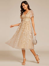 ever SIMONE|Short Sleeves Leaf Sequin A-Line Midi Formal Wedding Guest Dress