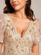 ever SIMONE|Short Sleeves Leaf Sequin A-Line Midi Formal Wedding Guest Dress