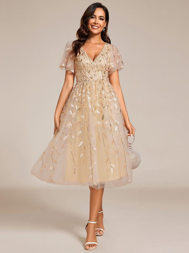 ever SIMONE|Short Sleeves Leaf Sequin A-Line Midi Formal Wedding Guest Dress