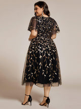 ever SIMONE|Short Sleeves Leaf Sequin A-Line Midi Formal Wedding Guest Dress