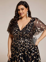 ever SIMONE|Short Sleeves Leaf Sequin A-Line Midi Formal Wedding Guest Dress