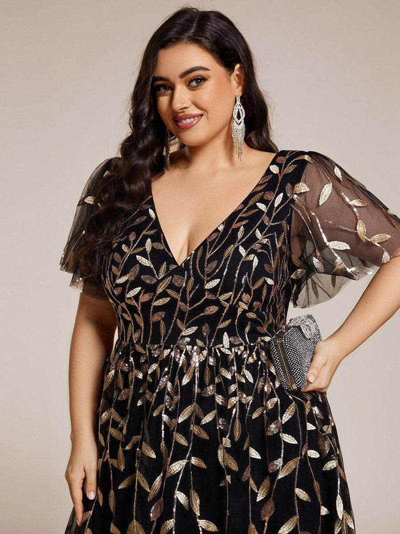 ever SIMONE|Short Sleeves Leaf Sequin A-Line Midi Formal Wedding Guest Dress