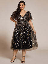ever SIMONE|Short Sleeves Leaf Sequin A-Line Midi Formal Wedding Guest Dress